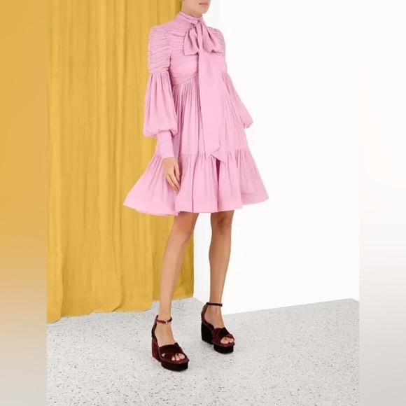 NWT | Zimmerman Celestial Ruched Tie Neck Chiffon Dress Size US 4 - Picture 4 of 14